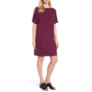 Eileen Fisher Fine Tencel Jersey Knit Split Sleeve Cold Shoulder Mini Dress